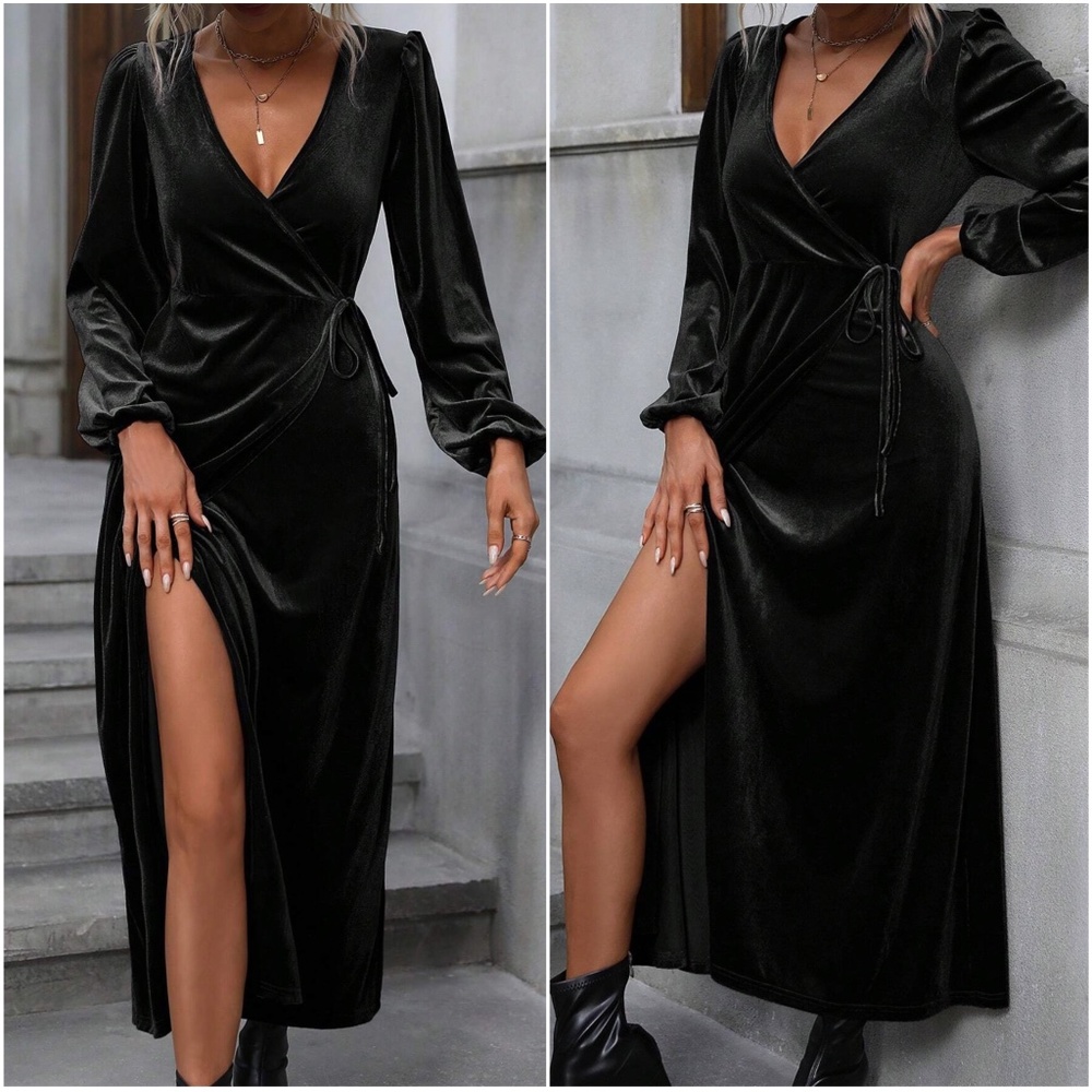 Velvet Surplice Wrap puff Long Sleeve Party Evening Dress